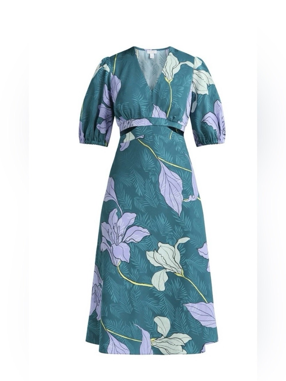 sofia by sofia vergara Teal Floral Midi Dress with Puff Sleeves